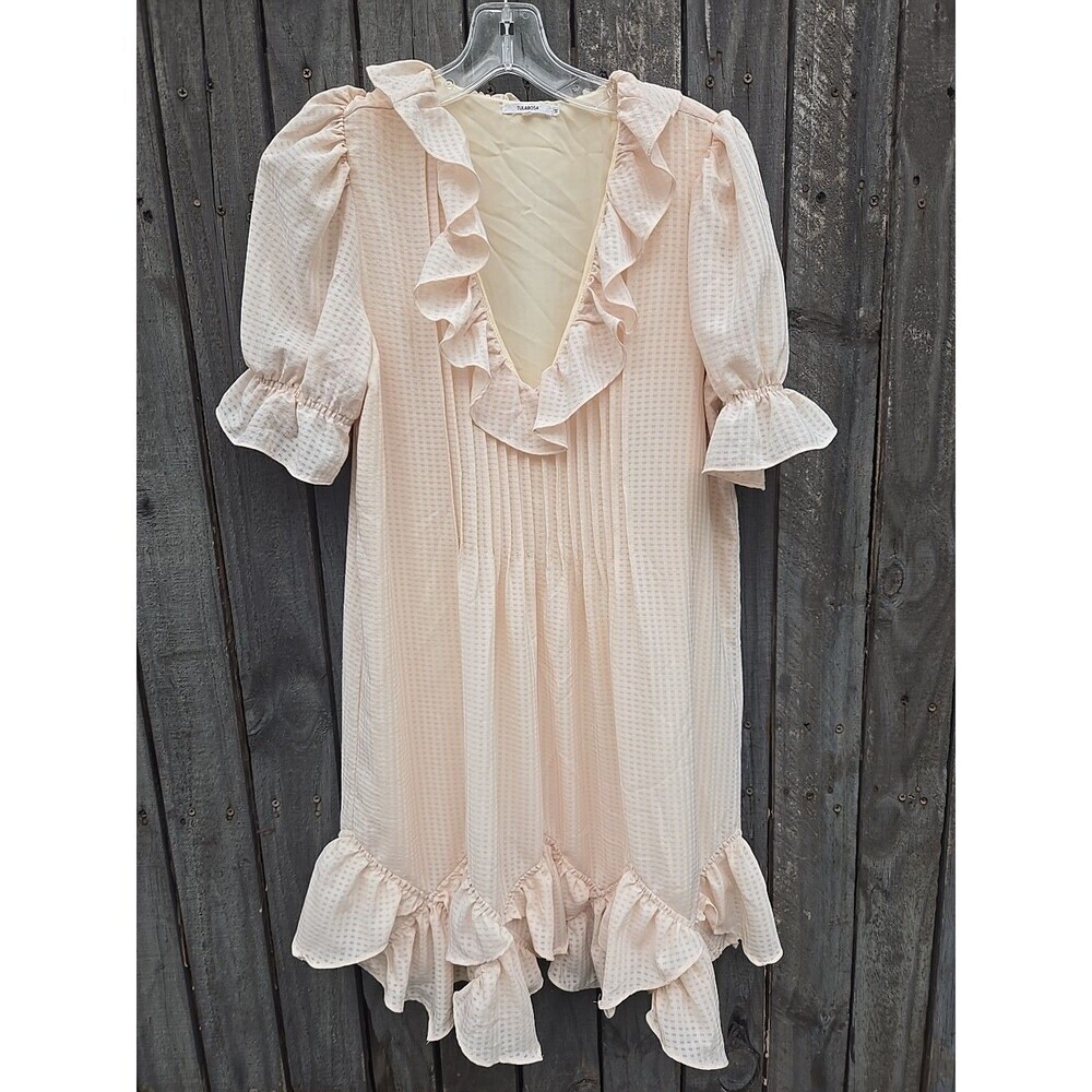 Tularosa Women’s Blush Pink Ruffle Mini Dress Size M Boho Puff Sleeve V-Neck
